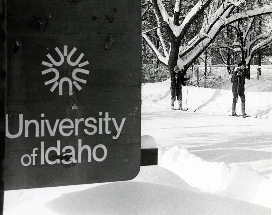 Two student skiing on campus. Cropped and lightened duplicate of 52-545.