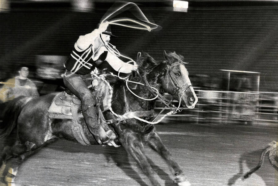 A rodeo rider chasing down another animal on horseback with a lasso.