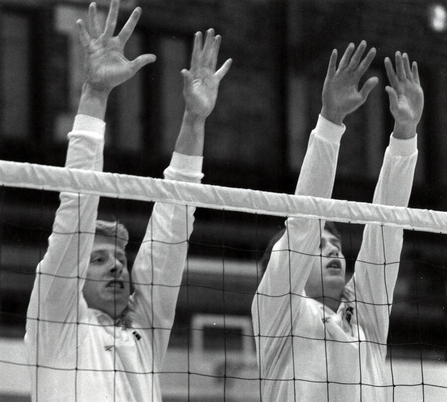 Two volleyball players reaching up to block shots by the net.