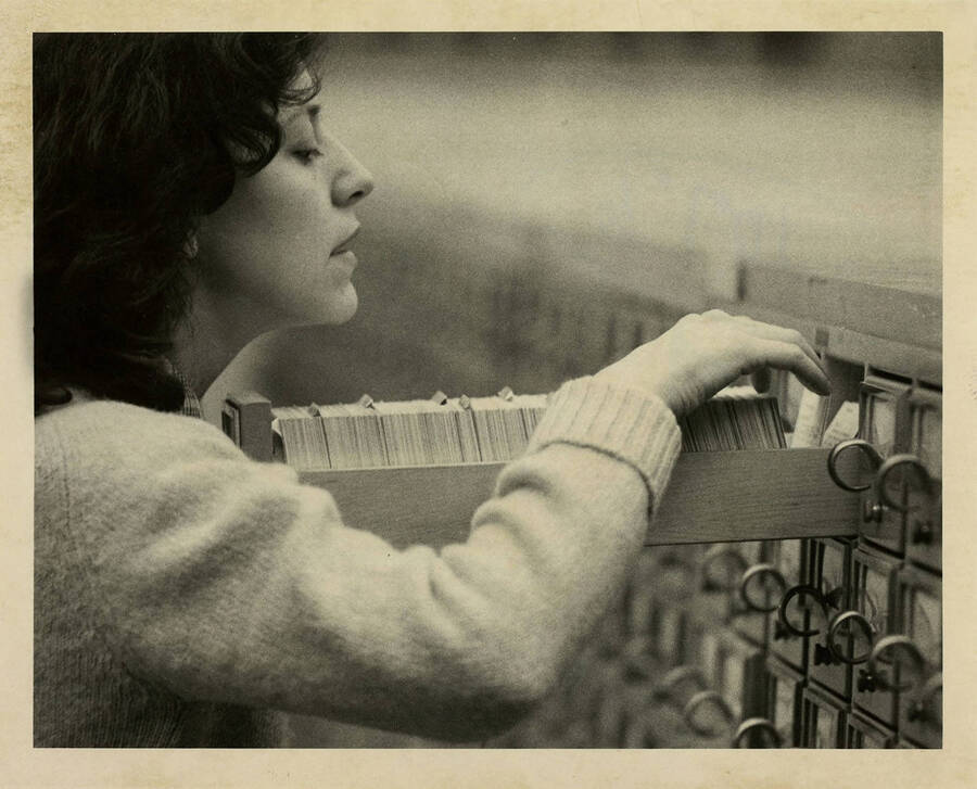 A student looking through the library card catalog.