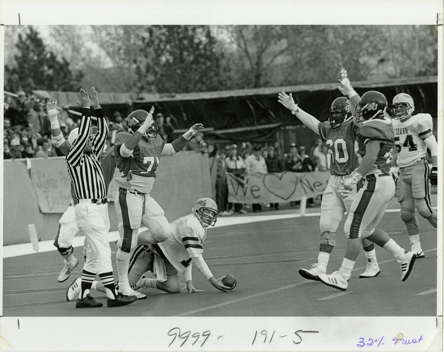 Broncos football team cheering while the referee makes a call.An Idaho football player in on the ground holding the ball.