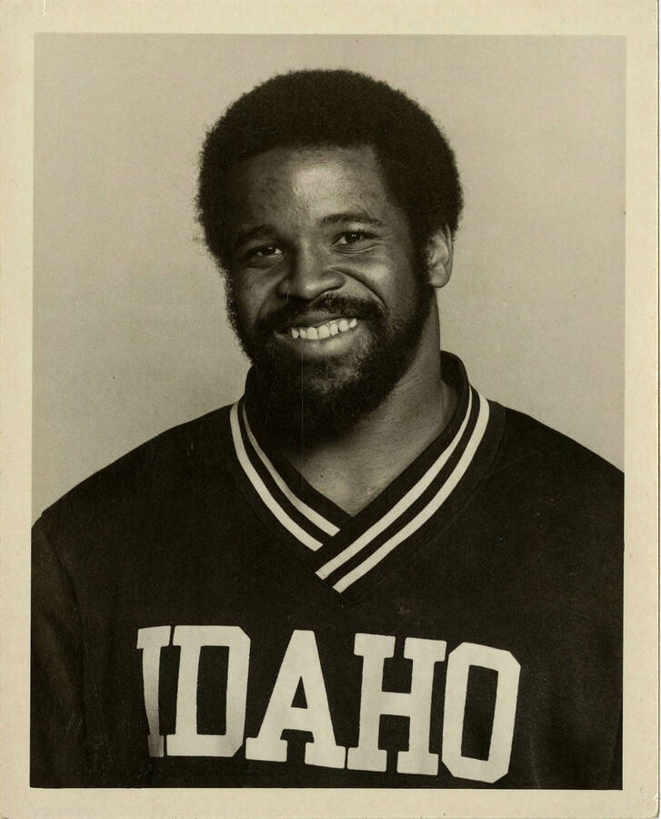 Portrait of Paul Griffin, senior nose guard, wearing an IDAHO shirt.