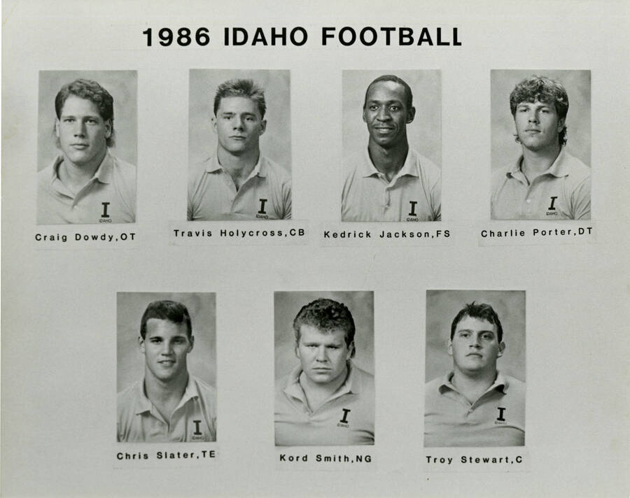 1986 Idaho Football. From left to right: Craig Dowdy, OT; Travis Holycross, CB; Kedrick Jackson, FS; Charlie Porter, DT; Chris Slater, TE; Kord Smith, NG; and Troy Stewart, C.