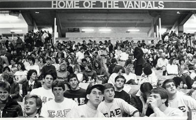 Student spectators in Kibbie Dome.