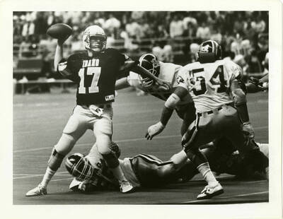 Vandal quarterback John Friesz throws a pass in a win against the 11th-ranked University of Nevada on Oct. 17 in the Kibbie Dome.