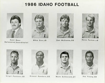 1986 Idaho Football. From left to right: Kent Baer, Defensive Coordinator; Mike Cox, LB; Dan McCanna, SS; Dave Parker, LB; Virgil Paulsen, CB; Ernest Sanders, SS; Mark Schlereth, DT; and Ike Young, CB.