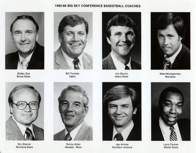 1985-86 Big Sky Conference Basketball Coaches. Top row, l-r: Bobby Dye, Boise State - Bill Trumbo, Idaho - Jim Boutin, Idaho State - Mike Montgomery, Montana. Bottom row, l-r: Stu Starner, Montana State - Sonny Allen, Nevada-Reno - Jay Arnote, Northern Arizona - Larry Farmer, Weber State.