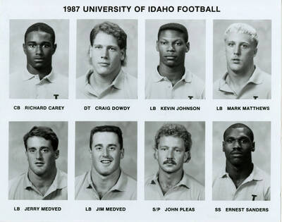1987 University of Idaho Football. From left to right: Richard Carey, CB; Craig Dowdy, DT; Kevin Johnson, LB; Mark Matthews, LB; Jerry Medved, LB; Jim Medved, LB; John Pleas, S/P; and Ernest Sanders, SS.