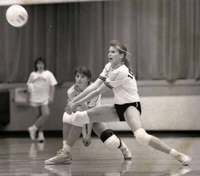 Two students playing volleyball.