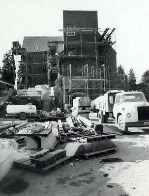 Installing the elevator in the Home Economics building.