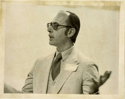 Photo of Robert Furgason giving a speech, possibly teaching.