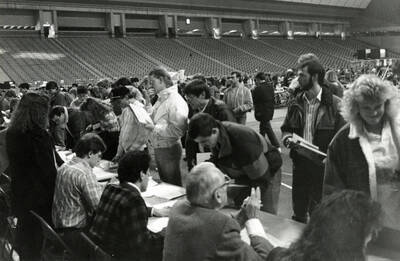 Students waiting in line to register for their classes.