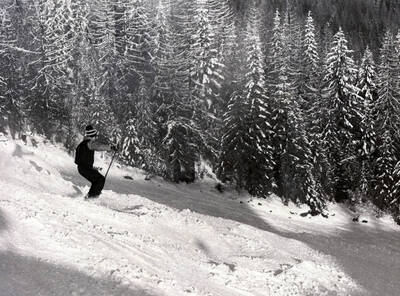 Skier on North South Ski Bowl, 15 miles north of Potlatch, Idaho.