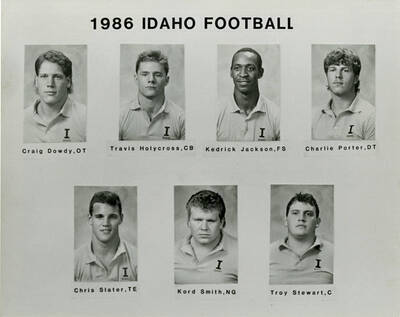 1986 Idaho Football. From left to right: Craig Dowdy, OT; Travis Holycross, CB; Kedrick Jackson, FS; Charlie Porter, DT; Chris Slater, TE; Kord Smith, NG; and Troy Stewart, C.