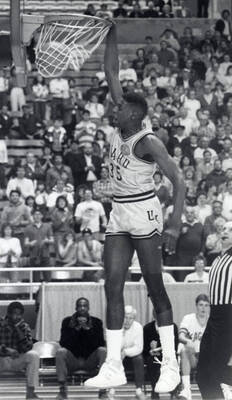 Idaho forward Raymond Brown throws it down in the Kibbie Dome in a win over Eastern Washington University on Feb. 5, 1989.