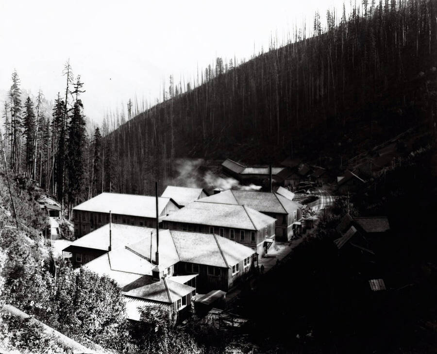 Looking down at the Morning Mine, boarding house and other associated buildings.