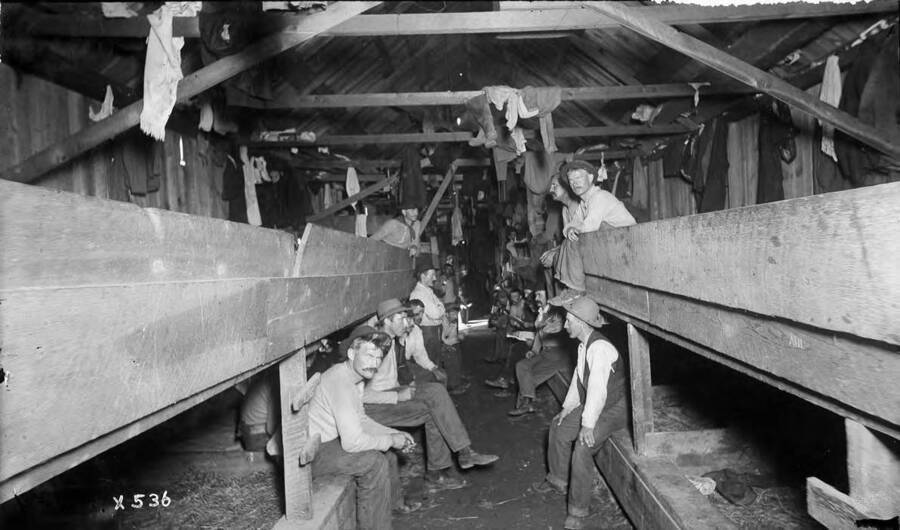Interior showing bunks and a group of men.