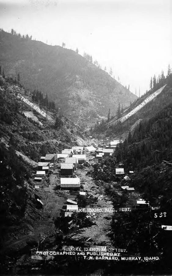 Poorman mines and Tiger mines are indicated on the image; looking down the canyon to the town of Burke, Idaho.