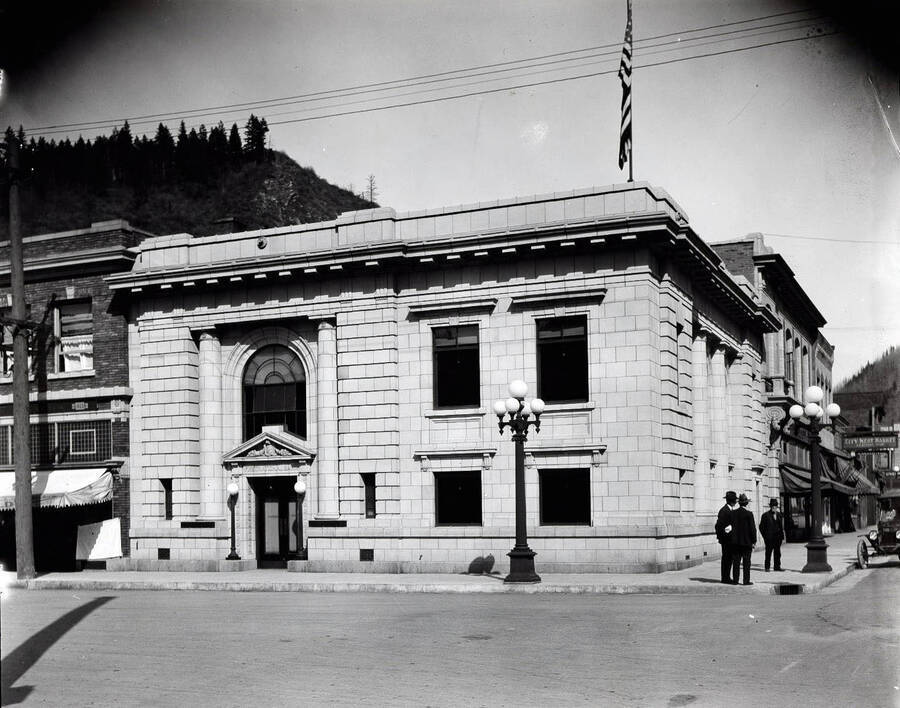Exterior view. Note on back: First National Bank taken April 21, 1919