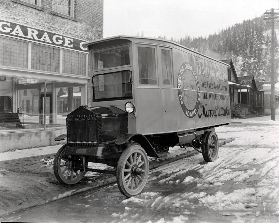 Image shows the Morrow-Hutton Company traveling grocery truck, March 17, 1920.