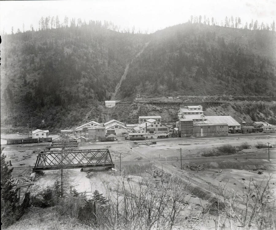 Distant view of Hercules Mill in Wallace, Idaho.