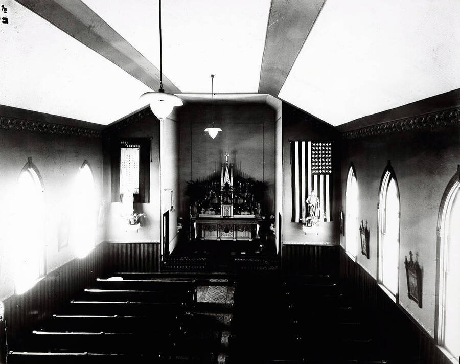 Interior of St. Alphonsus Catholic Church showing flowers Easter Sunday April 20, 1919