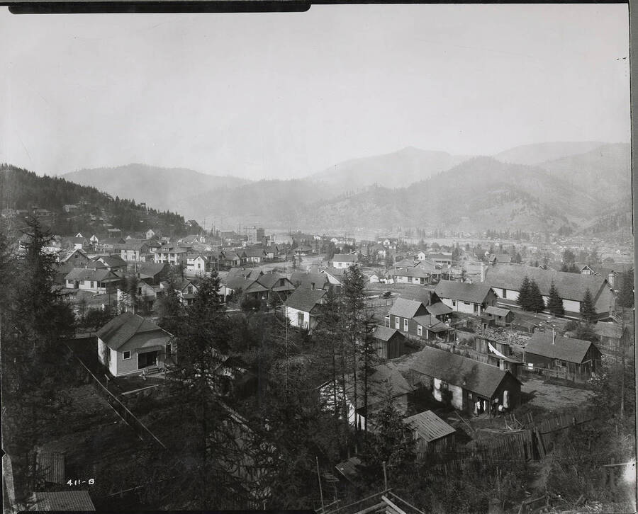 A distant view of houses in Kellogg, Idaho.
