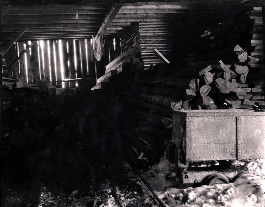 Interior of a timber shed at the Amazon Dixie Mine, 1923.