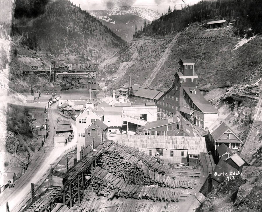 Image is looking down on Hecla Mining Company in Burke, Idaho on April 26th 1923.