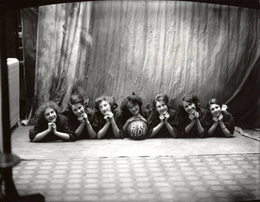 The seven girls on the High School women's basketball team for Burke Public School in Burke, Idaho.