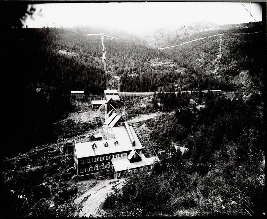 Image shows Hercules Mill, no. 4 level in Burke, Idaho.  The mill is connected with other operating level by a series of trams; Caption on front: "Hercules Mill and Tram."