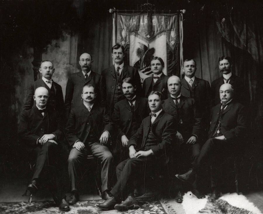 The officers of the Fraternal Order of Eagles in Wallace, Idaho. Included: Emil Pfister, Hugh Toole, L.L. Sweet, Theo. F. Jameson.