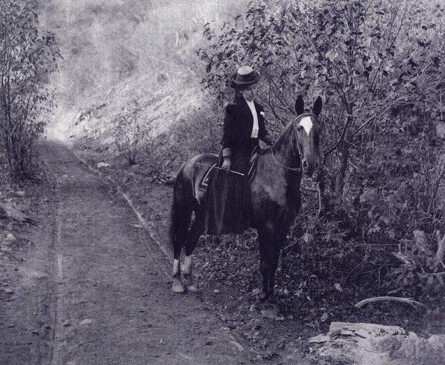Mrs. A. Johnson riding side saddle on a horse, surrounded by trees.