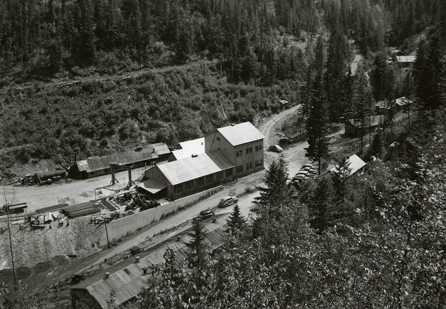 View of the buildings on the Coeur d'Alene Mine in Osburn, Idaho.