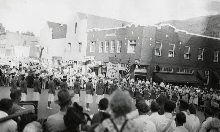 People gathered to watch the Ladies Auxiliary during Mullan 49'er parade in Mullan, Idaho.