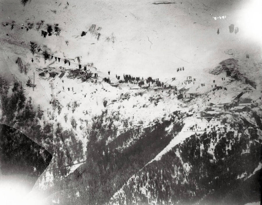 A distant view of the damage from a snow slide. Quite a few citizens can be seen surveying the damage.