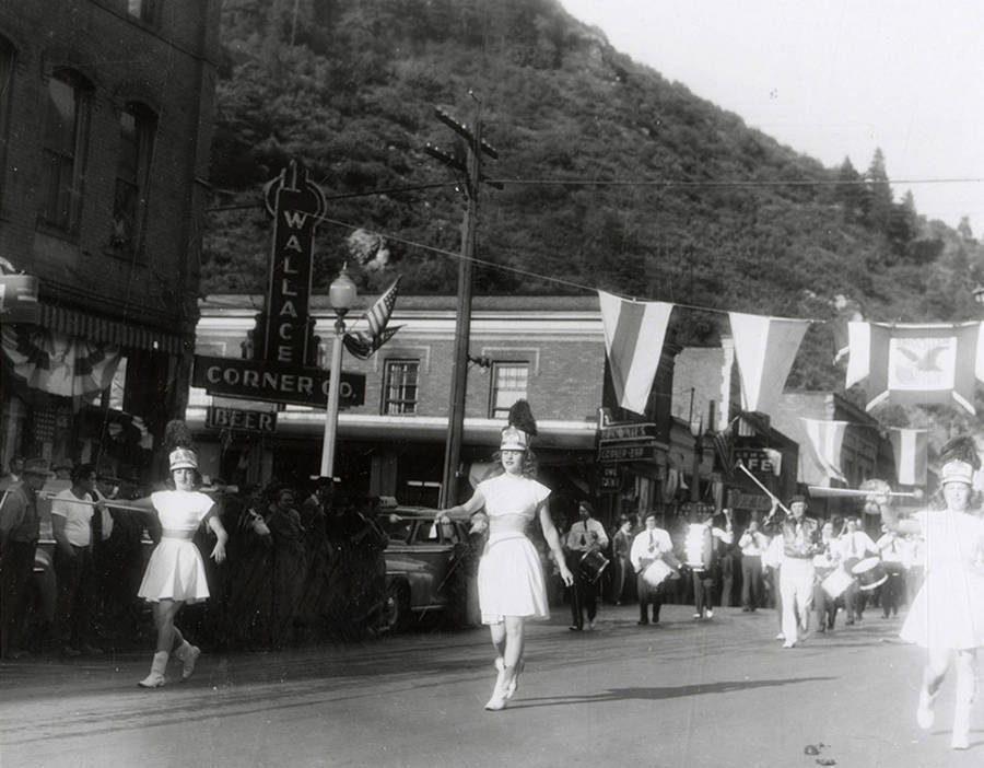 A group dressed up and marching in the Eagles parade in Wallace, Idaho.