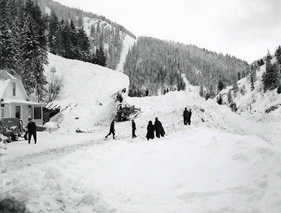 View of the snow slide in Yellow Dog, Idaho. People can be seen standing in the snow.