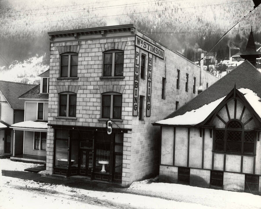 Exterior view of the Stimson Plumbing and Heating office building in Wallace, Idaho.
