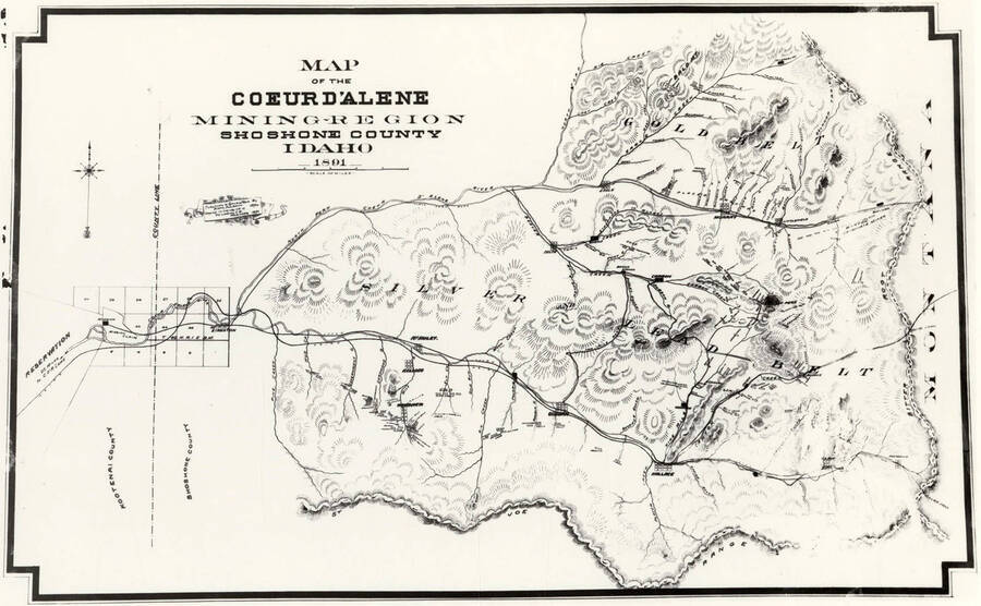 Map of the Coeur d'Alene mining region, published by Adam Aulbach in 1891.