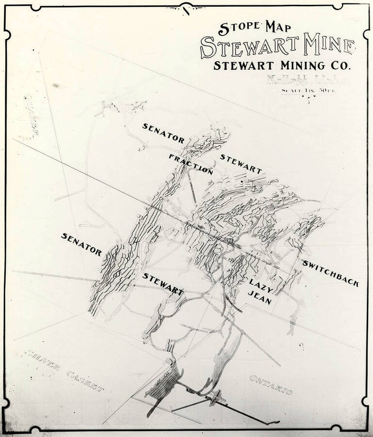 Stope map of Stewart Mine of Stewart Mining Company in Kellogg, Idaho.