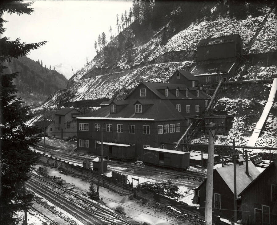 View of the buildings and railroads that are part of the Stewart Mine in Wallace, Idaho.