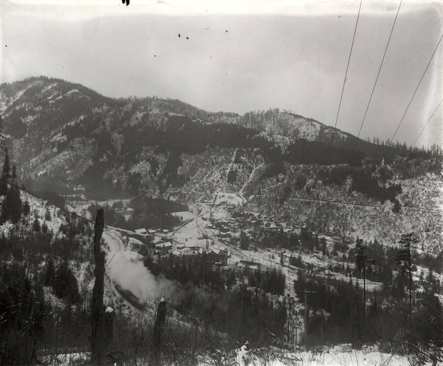 Distant view of the Stewart Mine in Wallace, Idaho.