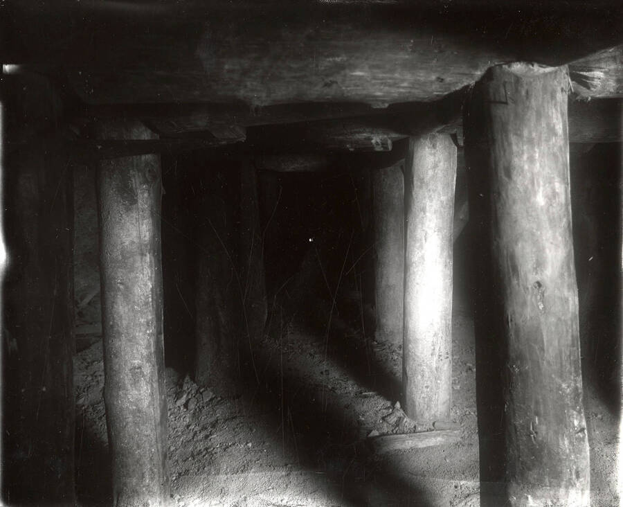 Interior view of Stewart Mine, showing support timbers.
