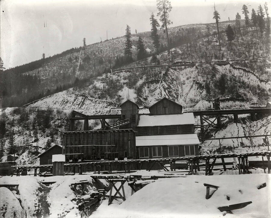 Buildings covered in snow on Stewart Mine in Wallace, Idaho.