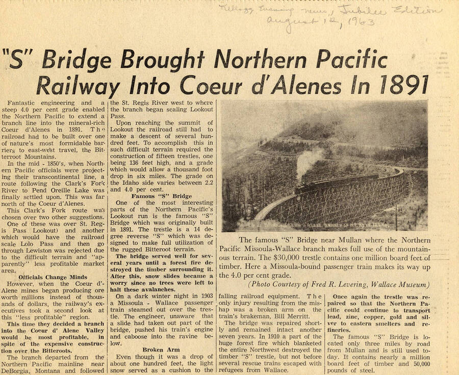 Article in the Kellog Evening news about the S bridge. The article is titled "S' Bridge Brought Northern Pacific Railway into Coeur d'Alenes In 1891."