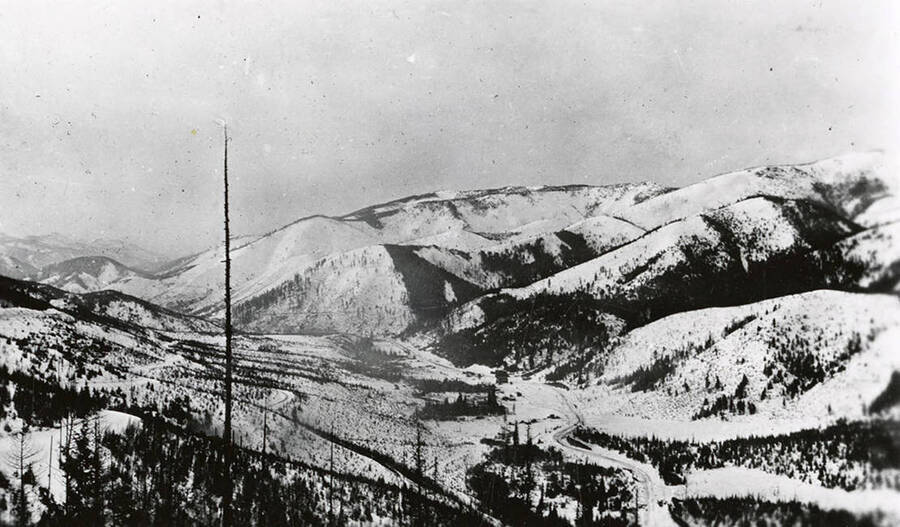 View of a snow scene near the S trestle on the Northern Pacific Railroad.