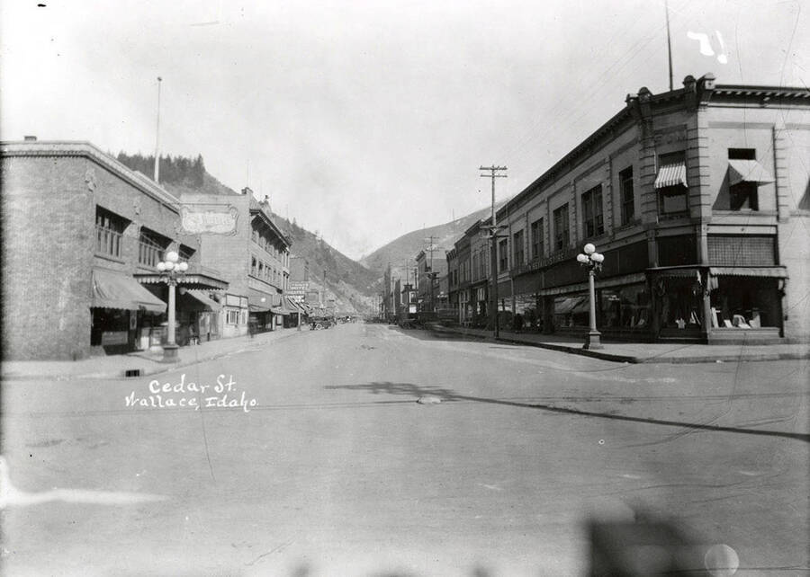 View looking east down Cedar Street, with buildings along the sides, in Wallace Idaho