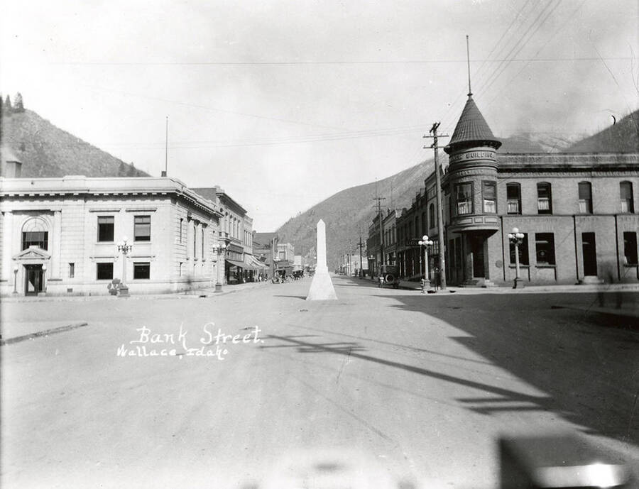 View of Bank Street, with buildings along the sides, in Wallace Idaho