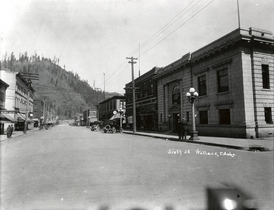 View looking north down Sixth Street, with buildings along the sides, in Wallace Idaho